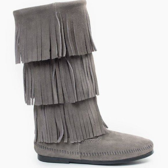Minnetonka 3-Layer Soft Suede Fringe Boot Grey Size 6 - Picture 1 of 14